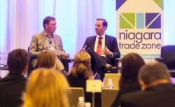 (left) Mike Watt of Walker Industries chats with Jeremy Amin, regional manager, global operations properties, GE Canada, as part of the fireside chat at the Niagara Economic Summit at White Oaks in Niagara-on-the-Lake on Thursday, October 27, 2016. Julie Jocsak/ St. Catharines Standard