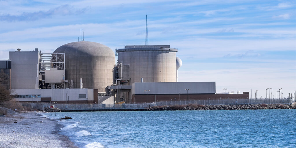 A photograph of the Pickering nuclear power station from a distance