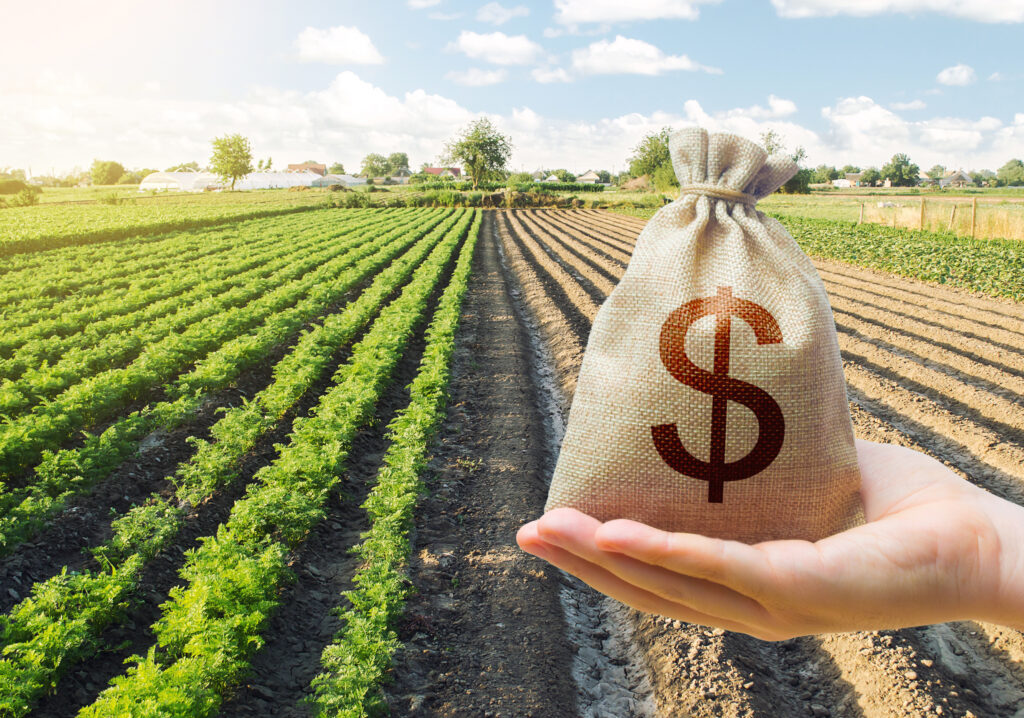 A hand holding a money bag in front of a farm field