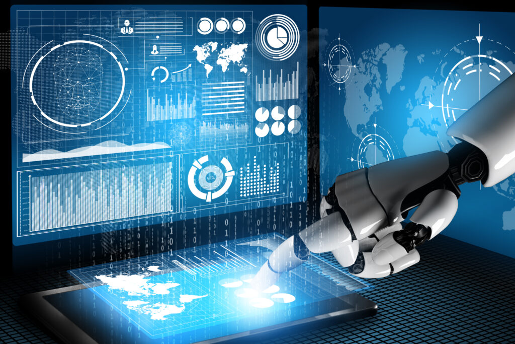 A robot hand interacting with a set of charts