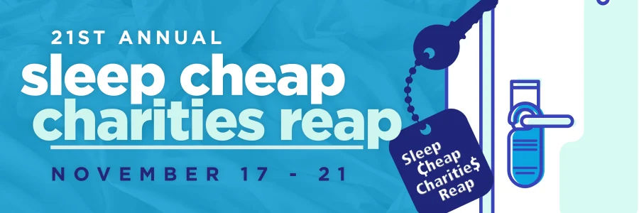 A graphic announcing the Sleep Cheap Charities Reap program