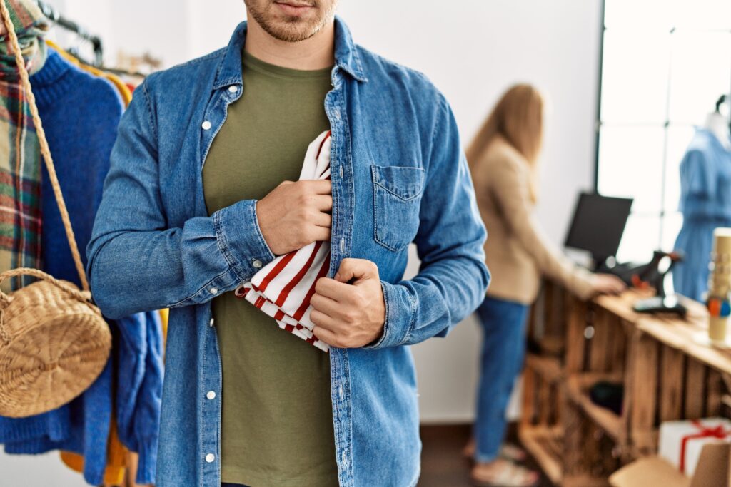 A man hides a garment under his jacket in a store