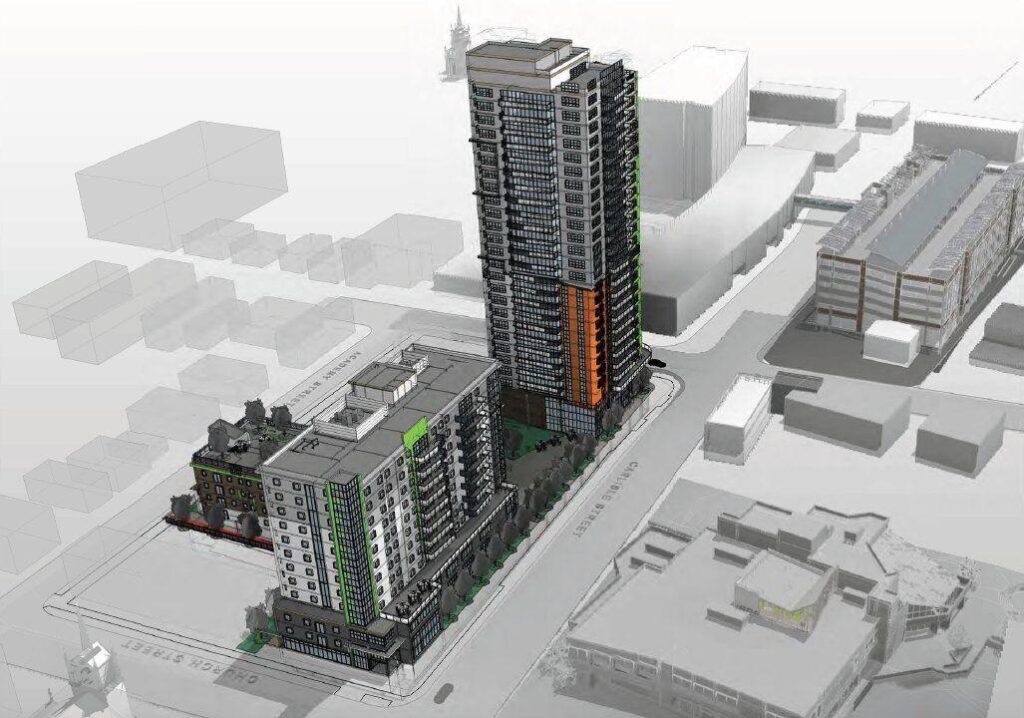 An rendered graphic of two high-rise buildings occupying the former site of the St. Catharines police station