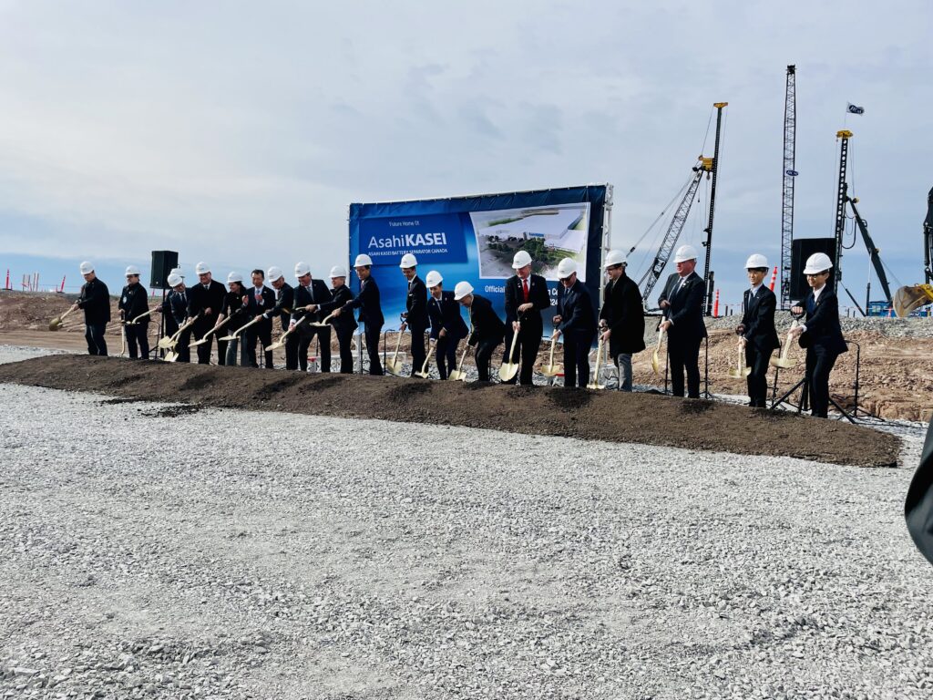 A group of dignitaries break ground at the site of Asahi Kesai's new plant in Port Colborne