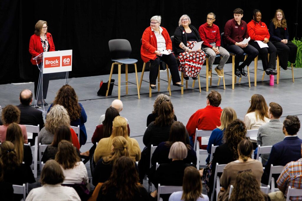 Brock senior leaders launch their new strategic plan on stage in front of an assembled crowd