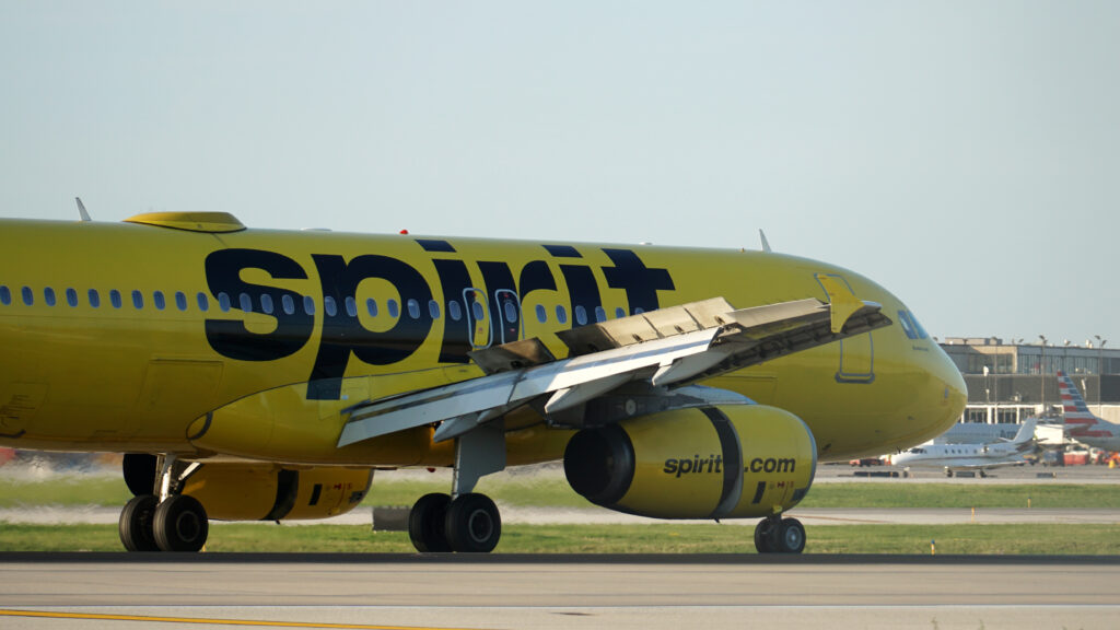 A Spirit Airlines airliner taxies on the runway after landing at Chicago O'Hare International Airport