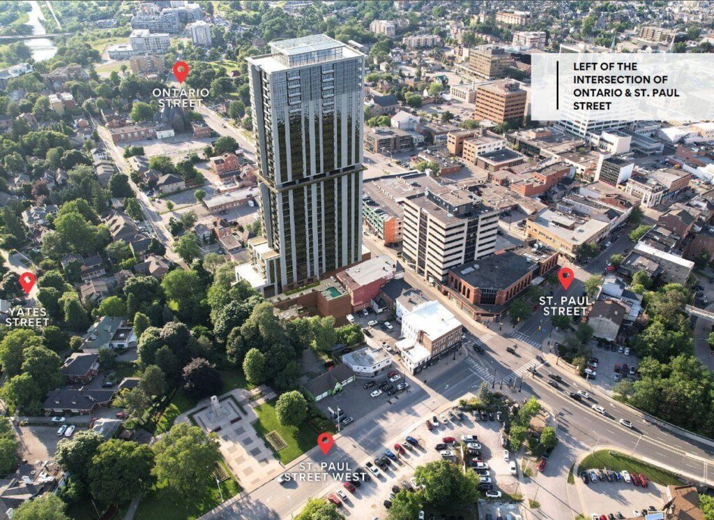 A rendering of a 33-storey, mixed use building with 308 residential units at 37 Ontario St. and 3 Ontario Ln., near the corner of St. Paul Street. 