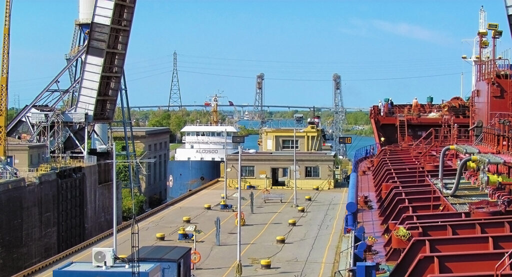 A vessel navigates a lock in Thorold on the St. Lawrence Seaway