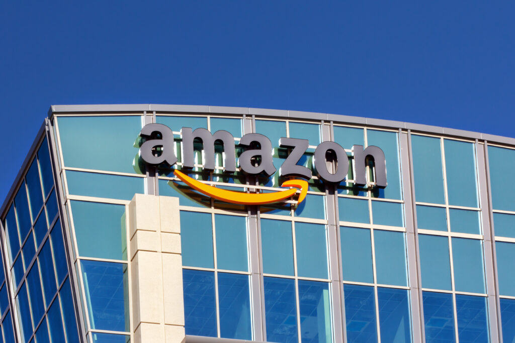 The Amazon logo on the sign of Amazon's building in Santa Clara, California