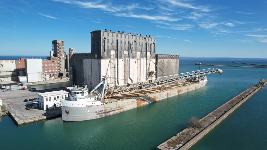 The bulk carrier Cuyahoga loads at the Port Colborne grain terminal