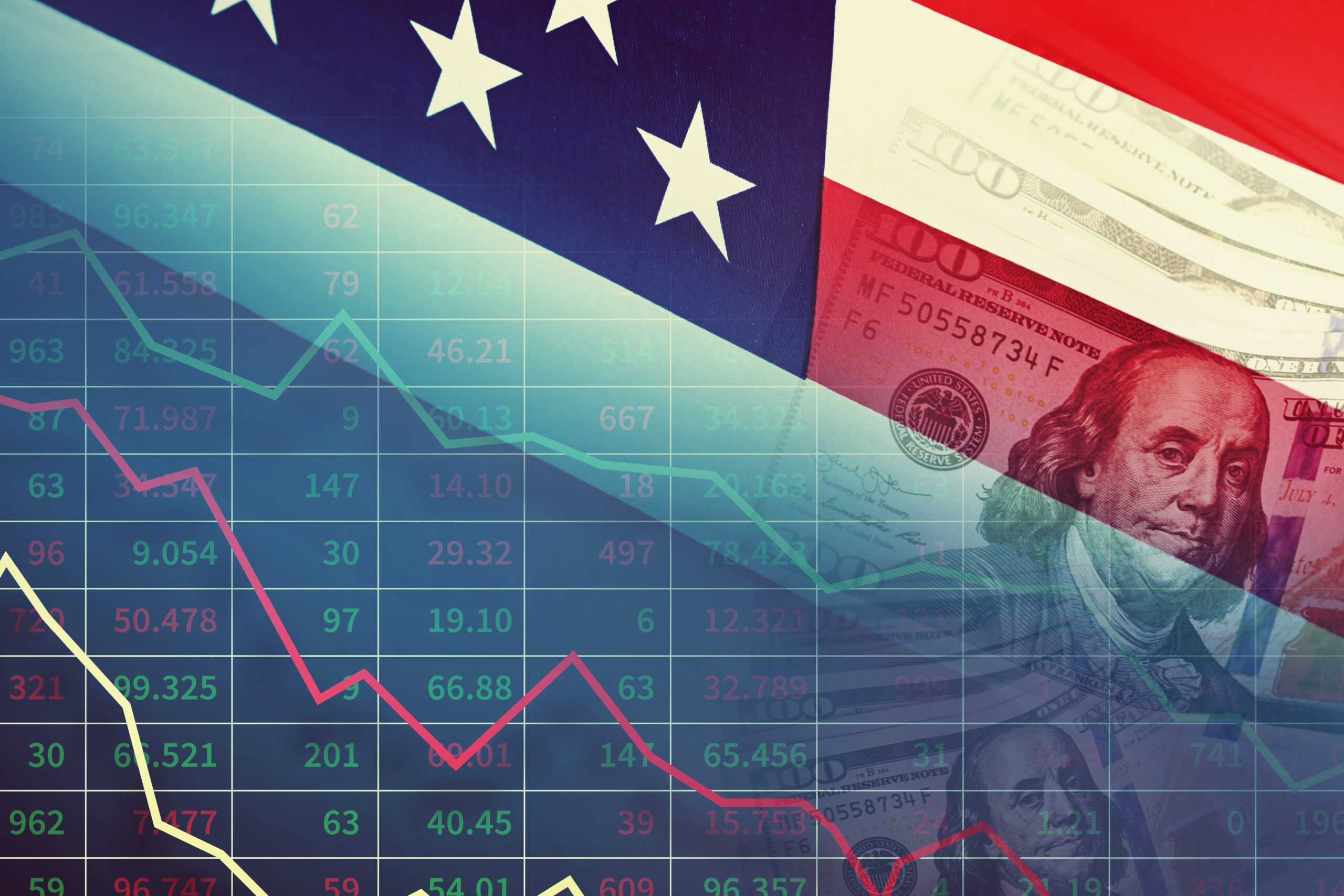 An economic graph superimposed on the U.S. flag