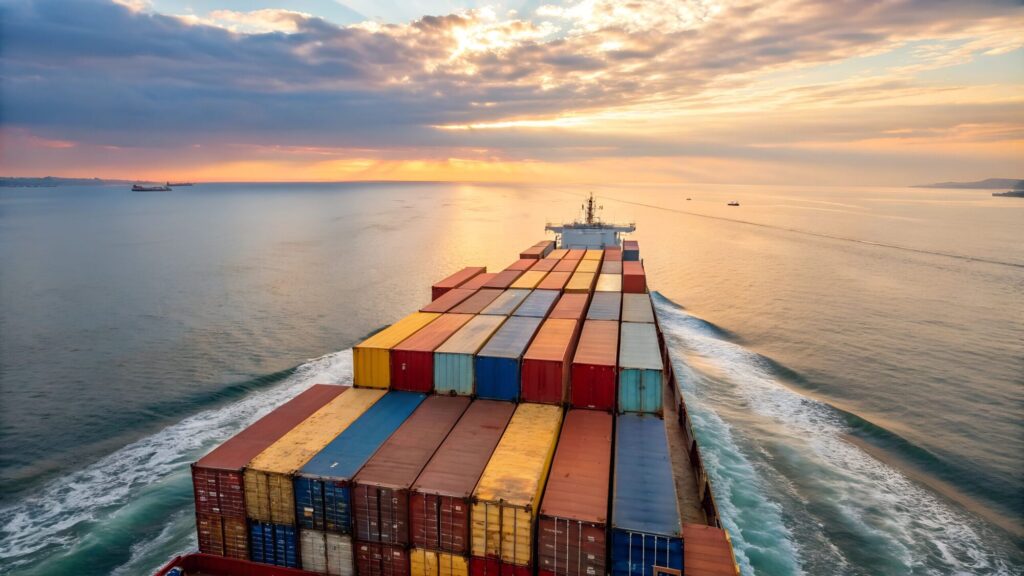 A view from the bridge of a container ship underway