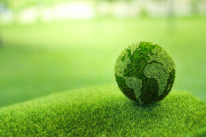 A stylized image of a green earth in a field