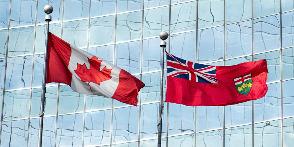 The Canadian (at left) and Ontario flags