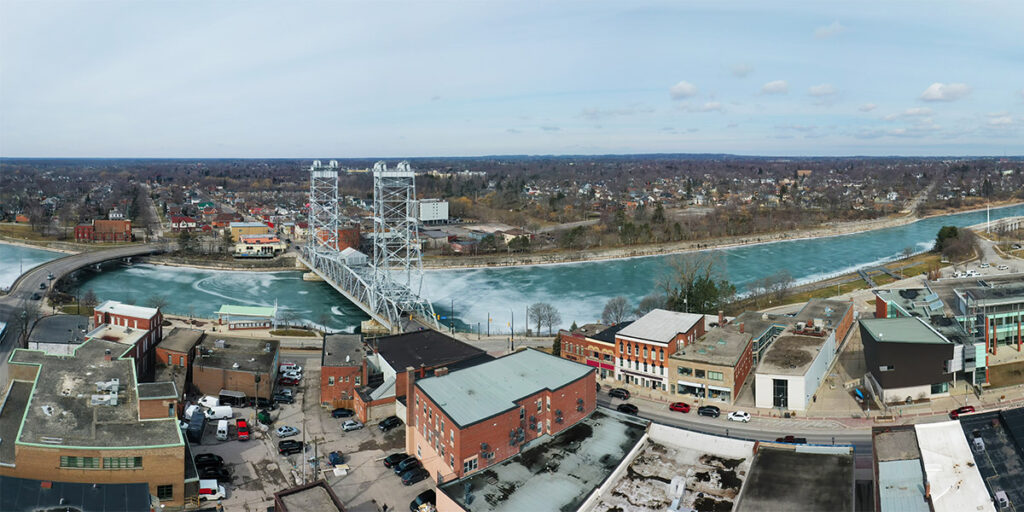 An aerial panorama of Welland, Ontario, Canada in winter